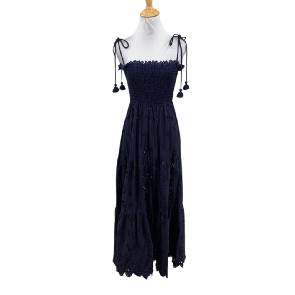 Robin Piccone Dress Women XS Extra Small Eyelet Smocked Tiered Tassel Strap Midi